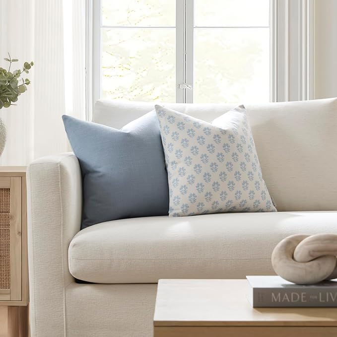 Meekio Set of 2 Powder Blue Throw Pillow Covers 12x20, Modern Farmhouse Linen Blend Decorative Pillow Covers for Couch Sofa Bed, Neutral Home Decor