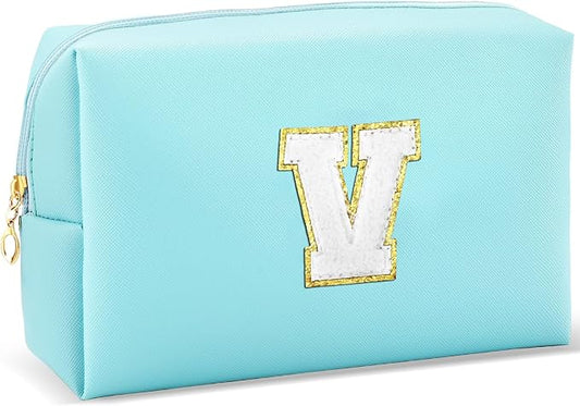 URSKYTOUS Gifts for Girls Initial Makeup Bag Personalized Cosmetic Bag with Zipper Cute Travel Toiletry Bag Waterproof PU Preppy Makeup Pouch Birthday Gift for Teen Girls Women(Blue V)
