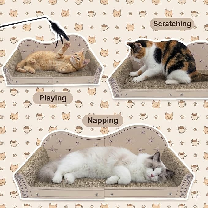 Cat Scratcher Couch, 26’’ Large Cardboard Scratcher Bed - Orthopedic Pet Lounge with Scratching Pad, Furniture Protector for Indoor Cats