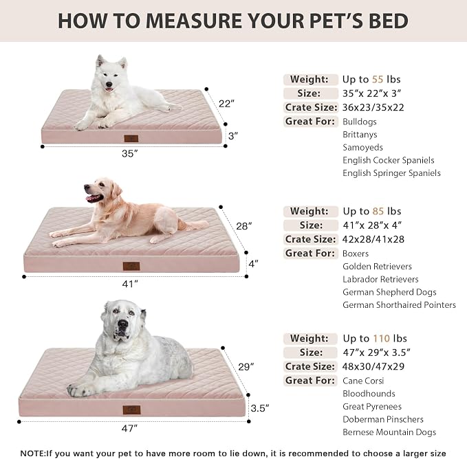 WNPETHOME Orthopedic Waterproof Large Dog Bed for Crate Cozy Sleep | Washable Large Pet Bed with Removable Cover, Multi-Needle Quilting Dogs Crate Beds Pink 35x22 Inch