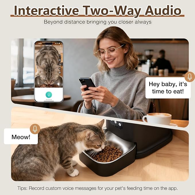 Automatic Cat Feeder with Camera, 5L/28 Cups WiFi Cat Auto Feeder with Two-Way Audio, App Control, Strong Anti-Jam System Smart Timed Cat Feeder with Night Vision for Small Pets Indoor