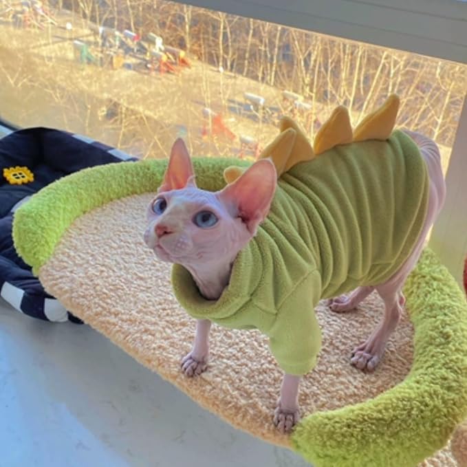 Green Dinosaur Sphynx Cat Clothes Sweater Hairless Cat Apparel | Soft, Elastic, Warm Polar Fleece,Winter Warm Outfit, Cute Dinosaur