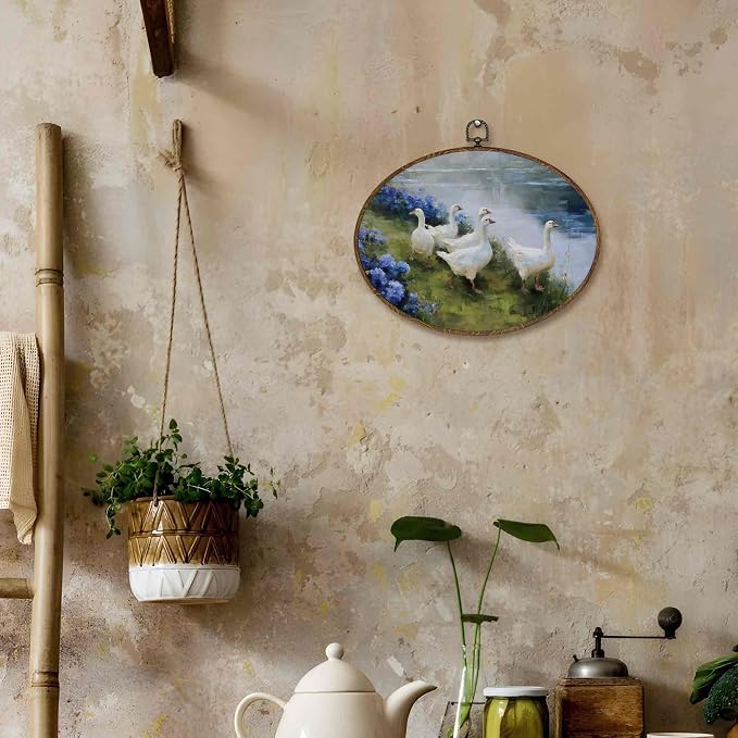 LKETW Rustic Duck Oval Wall Art Decor, Farmhouse Lakeside Wildflower Duck Oval Canvas Hanging Decor, Cottagecore Farm Animal Wall Decorations for Farmhouse Home Bedroom Living Room, 11.4x8.6 Inch