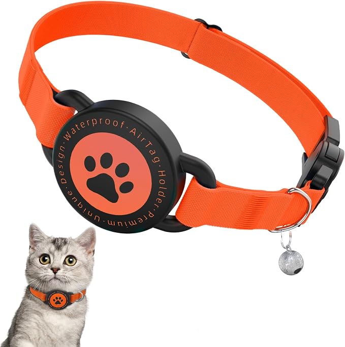 Airtag Cat Collar, Stretchy Kitten Collar with Apple Air Tag Holder, Orange