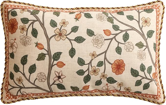 Designer Elegant Vintage Linen Throw Pillow Cover,20"x12"-Flora A | French Rectangle Decor Pillow Cover,Concealed Zipper Design,Floral Pattern,Sofa,Bedroom,Living Room,Lounge Chairs