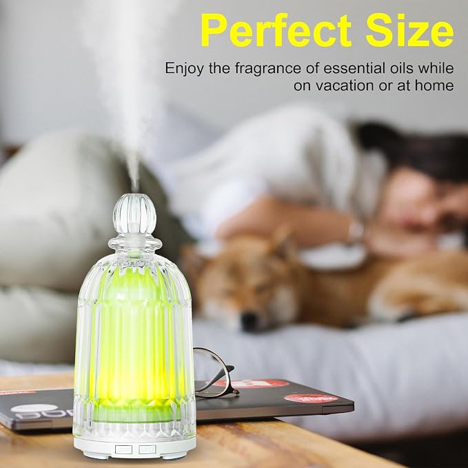 120ml Glass Essential Oil Diffuser, Ultrasonic Aroma Diffuser Glass Cover & Plastic Reservoir with Auto Shut-Off, 7 Colors LED Light for Home, Bedroom, Office, Yoga(White Base)
