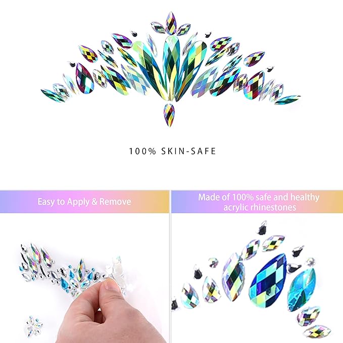 SAOROPEB Face Gems - 6 Sets Mermaid Face Jewels Temporary Tattoo Stickers Acrylic Crystal Glitter Stickers Waterproof Eye Gems Stick On Rainbow Tears Rhinestone for Party, Rave Festival