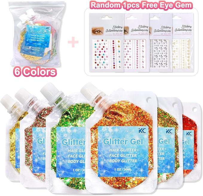 Chunky Glitter Gel Set 6 Colors Cosmetic Glitter for Body Face Hair Nail,Sequins Glitter for Women and Kids,Multi-Use Festival Party Sparkle Powder
