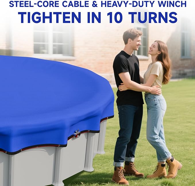 [Upgraded] 18ft/21ft/24ft/28ft Round Winter Pool Covers for Above Ground Pool Cover 24FT Cover 4FT Overlap - 500D Windproof with Steel Cable & Heavy Duty Winch - Swimming Pool Winter Cover Blue