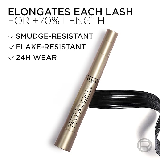 L’Oreal Paris Makeup Original Telescopic Mascara, Separating Mascara Volume and Length Formula, Waterproof, Black, 0.27 Fl Oz., 1 Count