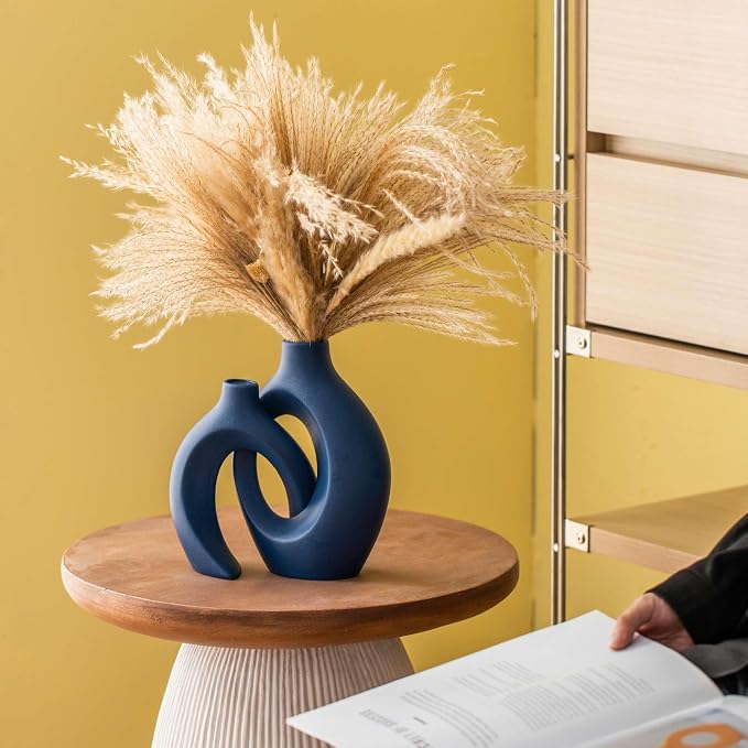 Lvases Snuggle Hollow Ceramic Flower Vase of 2, Minimalist Nordic Boho Vase | 8.4" Matte Navy Blue Home Decor Vase for Modern Aesthetic Ins Style Living Room Coffee Table Centerpieces Pampas Grass Dec