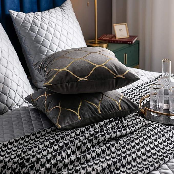 Gold Velvet Throw Pillow Covers: 2 Pack 20x20 Inch Square Decorative Pillow Cases for Bedroom Sofa Couch Living Room, Light Grey