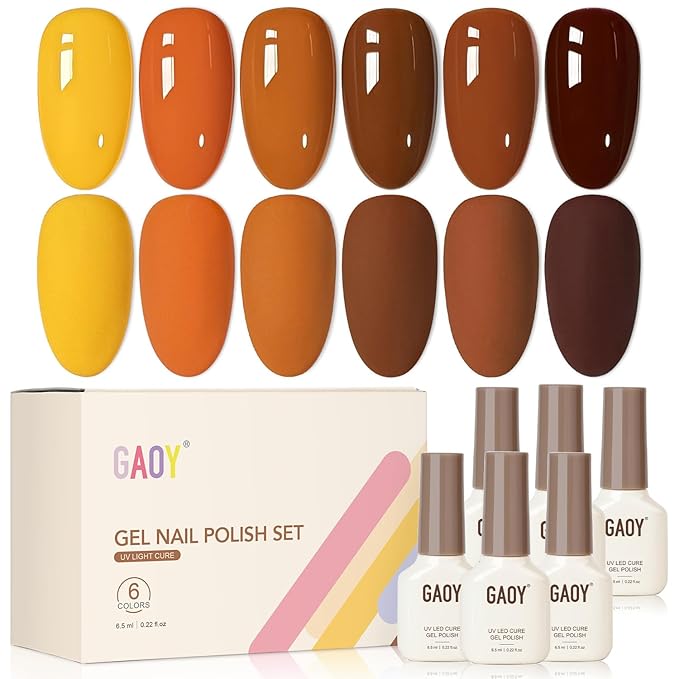 GAOY Brown Fall Gel Nail Polish Set, 6 Colors Burgundy Red Orange Yellow, UV Light Cure Gel Polish for Nail Art DIY at Home