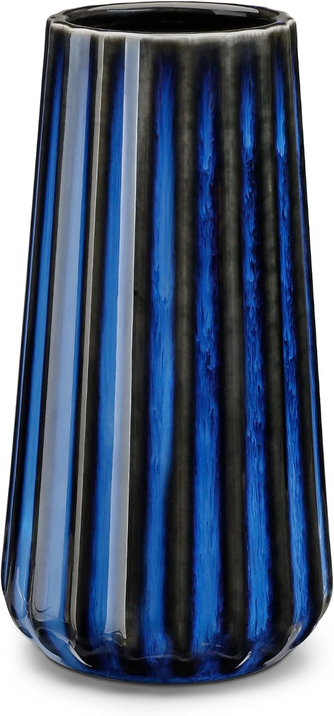 vancasso Ceramic Vase, 7.8 Inch Modern Ribbed Glossy Decorative Vase, Flower vase for Home Decor, Living Room, Bedroom, Office Decor, Blue