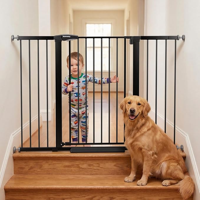 Mumeasy 36" Extra Tall Baby Gate for Stairs, 29.7-54.2" Wide Dog Gate for Doorways, Walk Thru Pet Safety Gate for Indoor, Pressure Mounted with Auto Close, Easy Install No Drill for Toddlers, Black