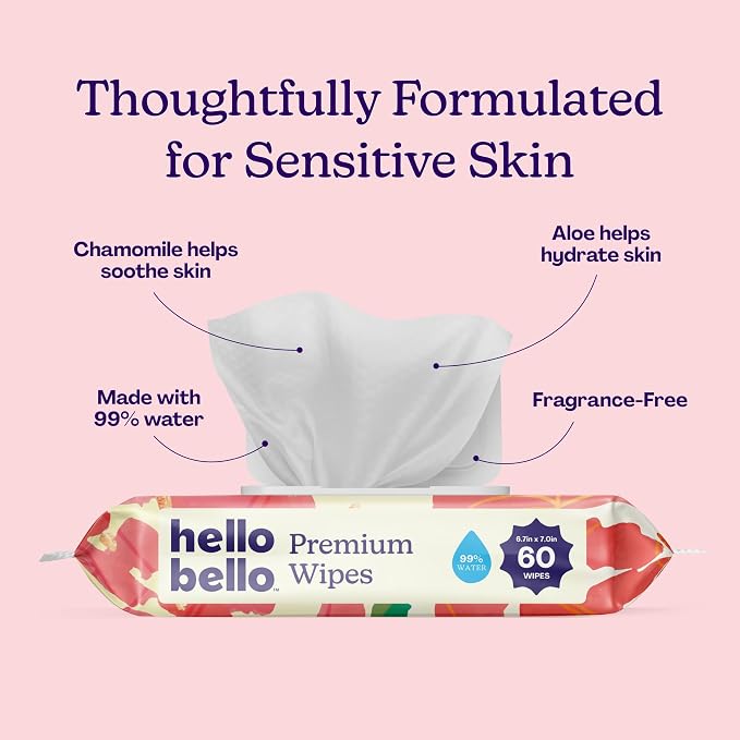 Hello Bello Premium Baby Wipes for Sensitive Skin, Hypoallergenic, Fragrance-Free, 99% Water with Chamomile & Aloe, Multi-Use, Rosy Posy, 9 Resealable Packets, 540 Wipes