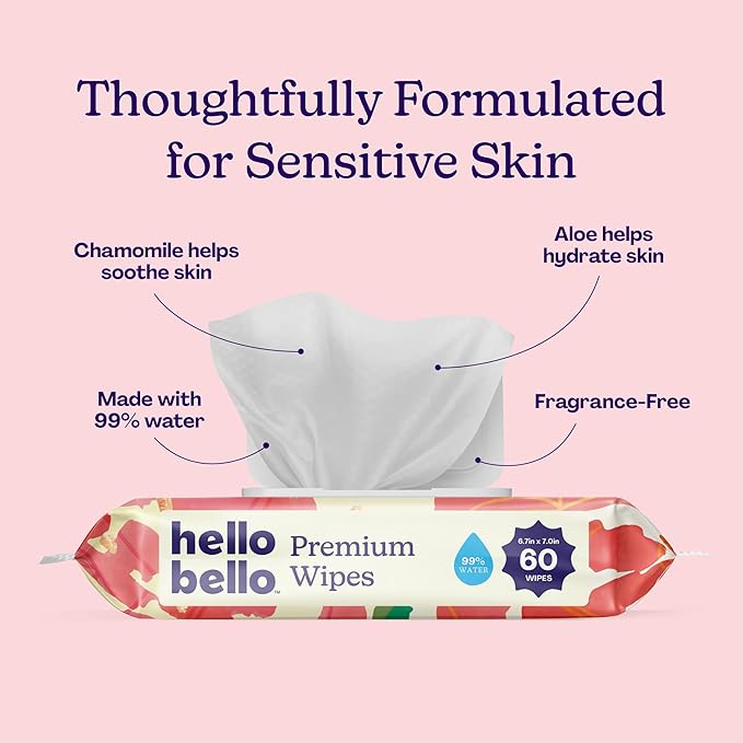 Hello Bello Premium Wipes, Designed for Sensitive Skin with Chamomile & Aloe Extracts, Rosy Posy (12 Resealable Packets = 720 Total Wipes)