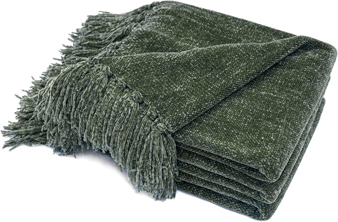 RECYCO Chenille Throw Blanket for Couch, 60"x80", Dark Green | Super Soft Knit Throw Blanket with Fringe Tassels, Lightweight Knitted Throw, Cozy, Ideal for Sofa Chair Bed Living Room Gift