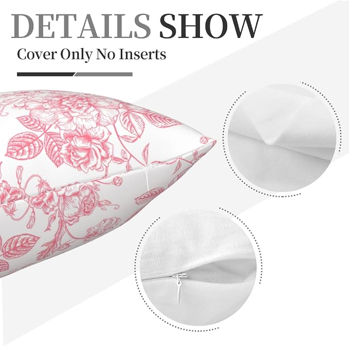 Vintage Pink Floral Throw Pillow Covers 20x20 Set of 2 Chinoiserie Farmhouse Decor Cushion Cases
