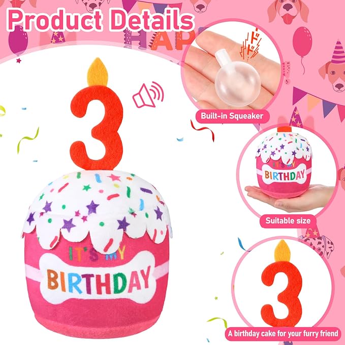 Dansydaisy Dog Birthday Cake Toy Squeaky Plush Gift,3rd,Pink