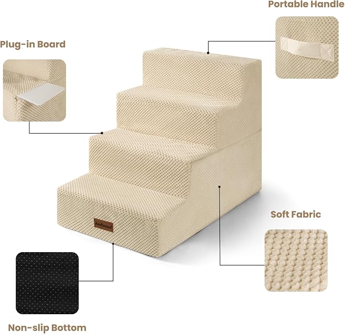 Aodisman Dog Steps for Bed & Couch,18.5" H 4-Step Pet Stairs for Small Dogs | High-Support Anti-Slip Dog Ramp, Easy-to-Climb Steps for Doggies, Older Cats,Short-Legged Dogs to Get on and off Beds,Beige