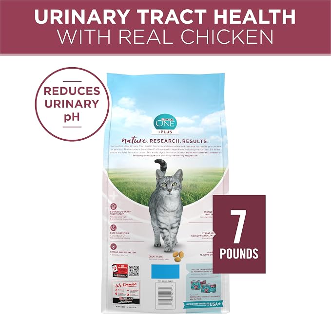 Purina ONE High Protein Urinary Tract Health Dry Cat Food, 7 lb Bag | Made with real chicken, no artificial flavors or colors. Low-magnesium formula balances pH and boosts immune defense