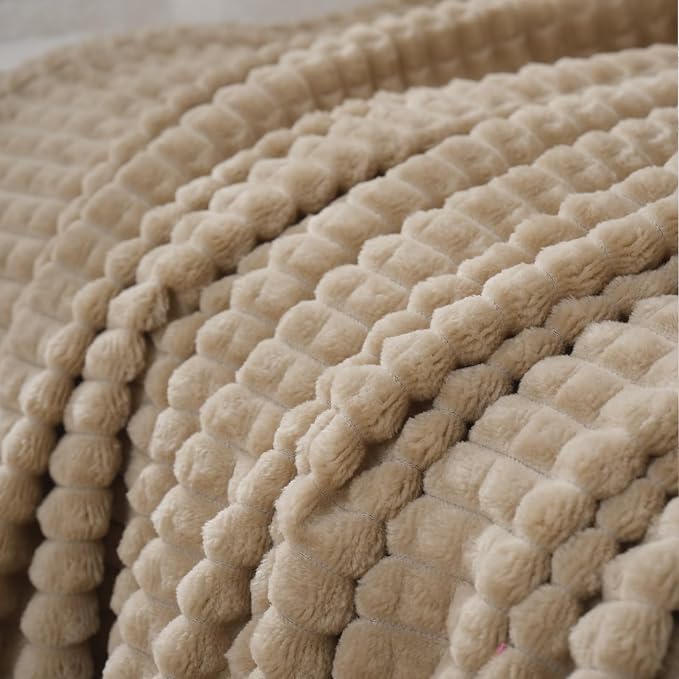Puncuntex Fleece Throw Blanket Khaki 50"×70" with Square Grid Design | Super Soft Plush Cozy Flannel Throw Blanket Luxury for Couch Sofa Chair
