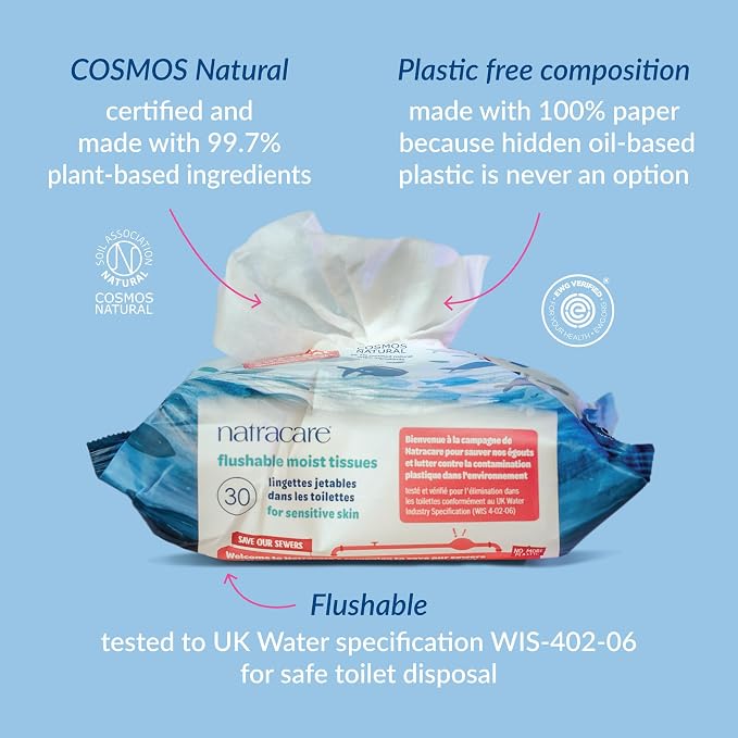 Natracare Safe to Flush Moist Tissues, Made of 100% paper and an Organic and Natural formula with Aloe Vera and Witch Hazel (1 Pack, 30 wipes total)