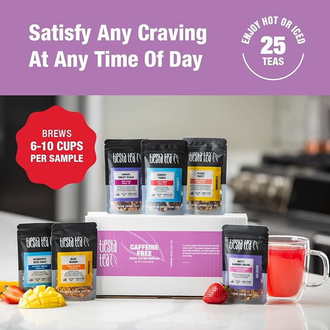 Tiesta Tea - Caffeine Free Tiesta Tasting Sampler Dry Flight Set, Loose Leaf, No Caffeine, Makes Hot & Iced, Assorted Tea Sets with Herbal, and Fruit Blends, 25 Resealable Sample Pouches