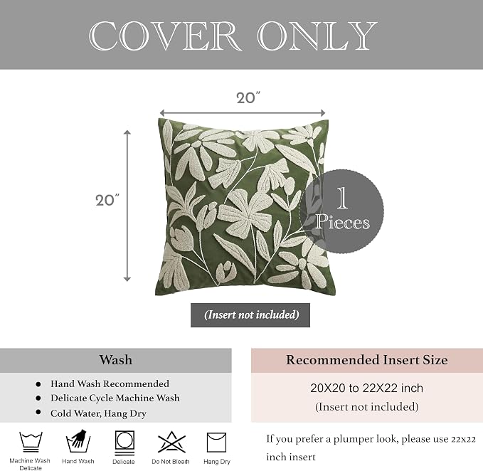 Decorative Throw Pillow Cover 20x20 Inch, Olive Green Floral Tufted Velvet Accent Pillow Case for Sofa Bed Living Room, Cover Only