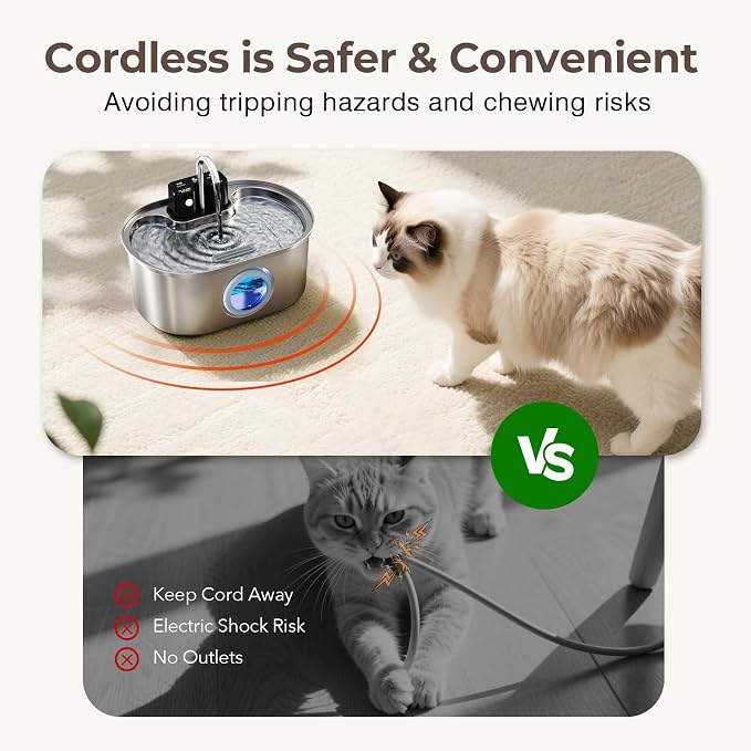 PEKTACO Wireless Cat Water Fountain, 108oz/3.2L Stainless Steel, 3 Filters | 3 smart modes, 25 dB quiet pump, multi-layer filtration, BPA-free parts, dishwasher-safe bowl, easy-clean for daily use