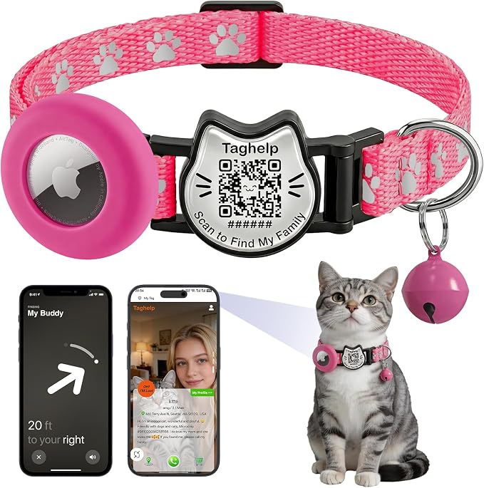 Cat Collar with AirTag Holder, QR Code Tag and Bell (Rose red, Paw Pattern)