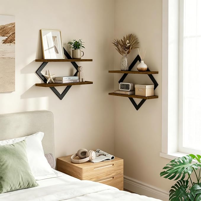 Floating Shelves for Wall, Set of 2 Wall Shelves, 2-Tier Hanging Shelve | Wood & Metal Wall Mounted Display Shelves, Decorative Wall Shelves for Living Room, Bedroom, Kitchen & Bathroom, Rustic Brown