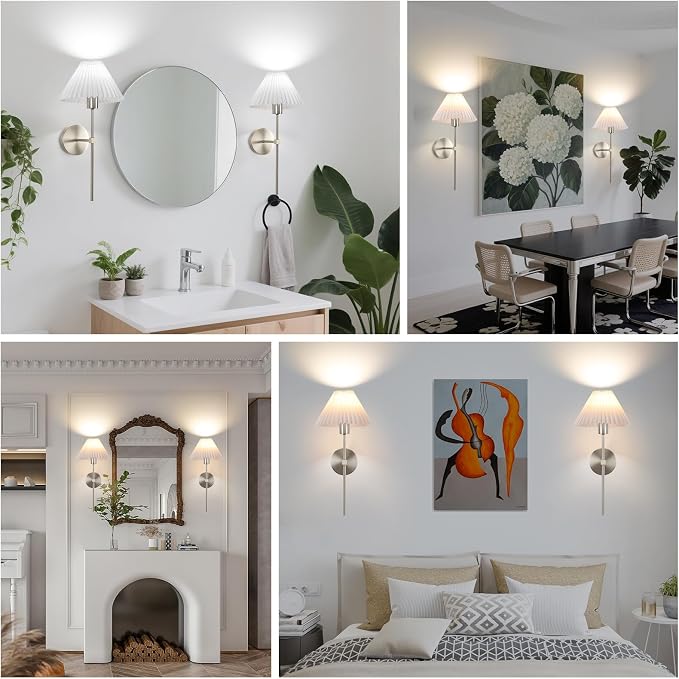 Wireless Wall Sconce Sets of 2, Pleated Shades Rechargeable Battery Operated Wall Sconce, Retro Industrial Brushed Nickel Bathroom Vanity Lights, Wall Mounted Lamps for Bedroom Living Room Hallway