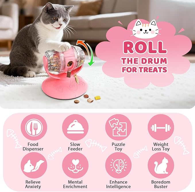 Interactive Cat Treats Dispenser Toy, Puzzle Feeder Food Dispenser, Kitty Interactive Enrichment Toys, Dispensing Foods Slow Feeder National Pet Day Gifts for Indoor Cats IQ Training, Pink