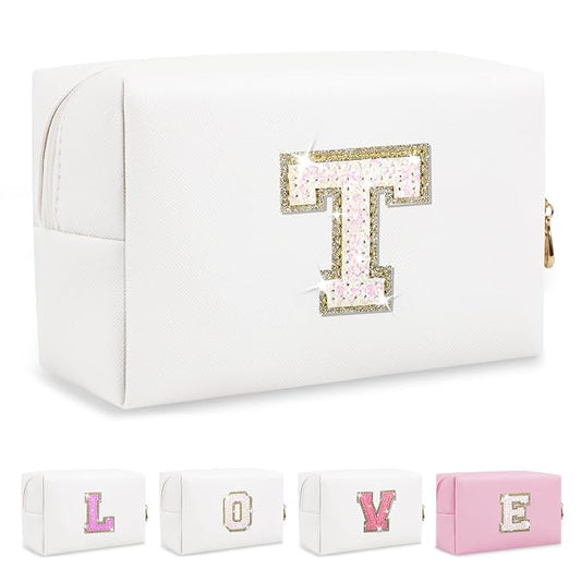 Small Initial Patch Makeup Bag Personalized Gifts Make Up Bag,White Cute PU Leather Glitter Letter Cosmetic Bag with Zipper,Trendy Portable Travel Toiletry Pouch,Preppy Stuff for Teen Girls Women T