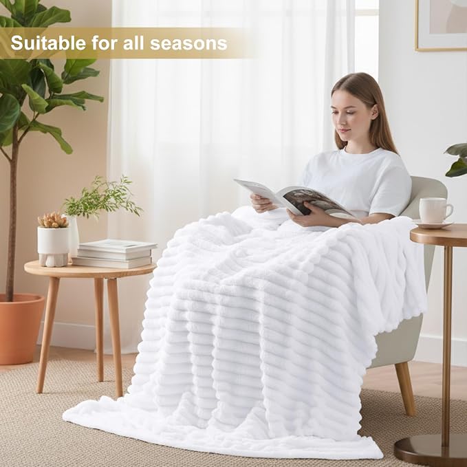 decorUhome White Fleece Throw Blanket 50x60 Inches | Soft Couch Cozy Fluffy Plush Flannel Striped Blanket for Sofa Bed, Lightweight Decorative Ribbed Fuzzy Blanket for Woman