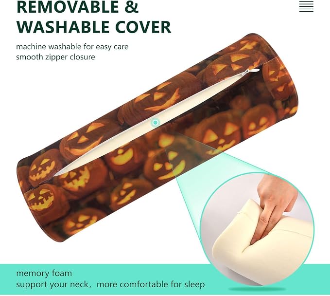 Orange Cute Halloween Pumpkin Lanterns Neck Roll Pillow Bolster Round Health Memory Foam Long Cervical Cylinder Pillows with Removable Washable Cover for Body Bed Legs Back Yoga
