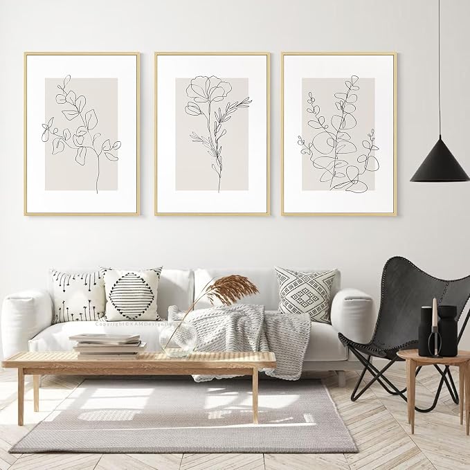 Neutral Botanical Prints Wall Art Flower Minimalist Canvas Wall Decor Vintage Line Wall Art Floral Plant Painting Pictures Beige Boho Artwork Farmhouse Poster for Bedroom 12x16 Inch Framed Set of 3