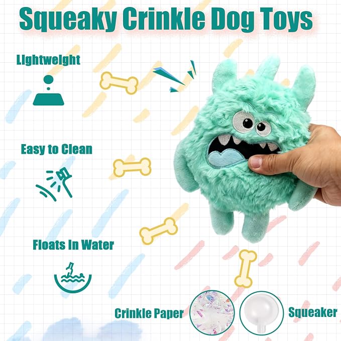 Monster Stuffed Squeaky Dog Toy, Crinkle Dog Plush Toy, Light Green | Soft Lightweight Toy for Fetch and Chew, Interactive Outdoor Indoor Play for Tug, Birthday Gift, For Puppy Small Medium Dog