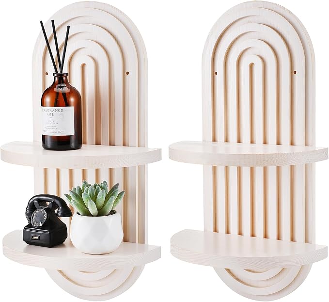 2 Pcs Boho Wall Shelf Rainbow Arch Wooden Floating Shelf Mid Century Bohemian Hanging Holder Double Vintage Wall Mount Altar Decor for Nursery Bedroom 15.75 x 6.69 Inches(White)