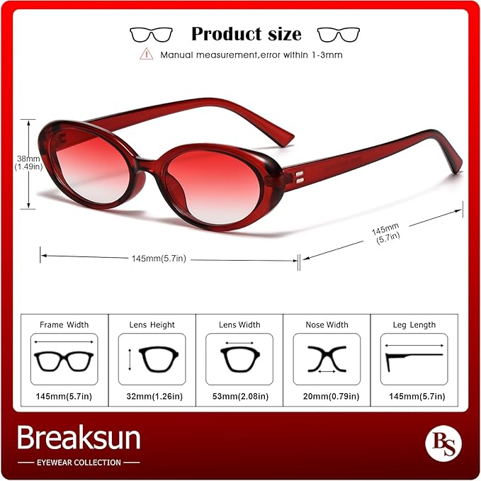 Breaksun Retro Oval Sunglasses for Women Men Fashion Small Oval Sunglasses 90s Vintage Shades