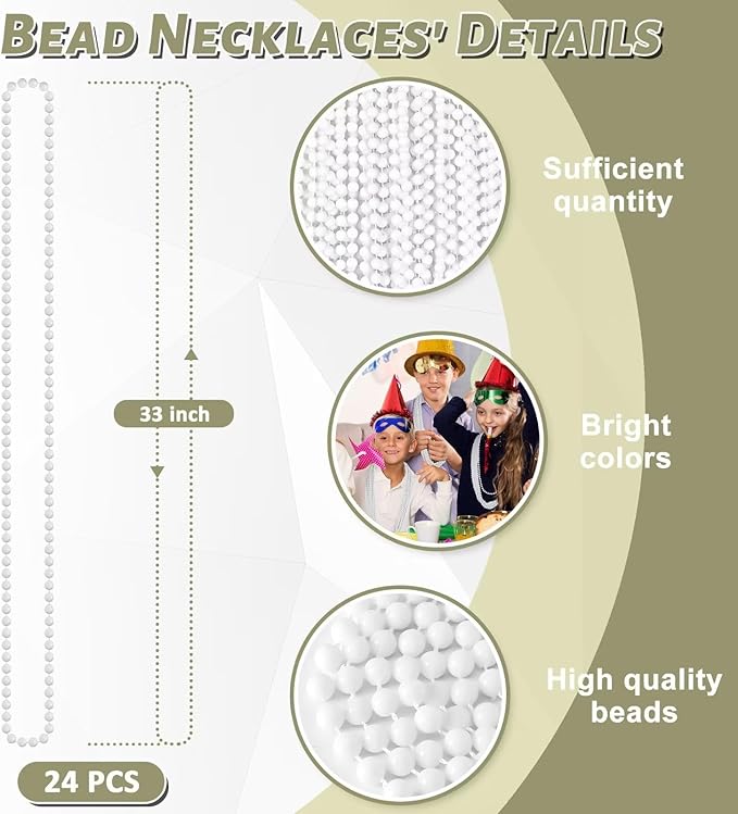24PCS Bead Necklace, White Beaded Necklace Party Favors Bulk, 33" Mardi Gras Beads Necklaces, Festival Parade Throw Accessories for Mardi Gras Wedding Birthday Celebrations Decorations