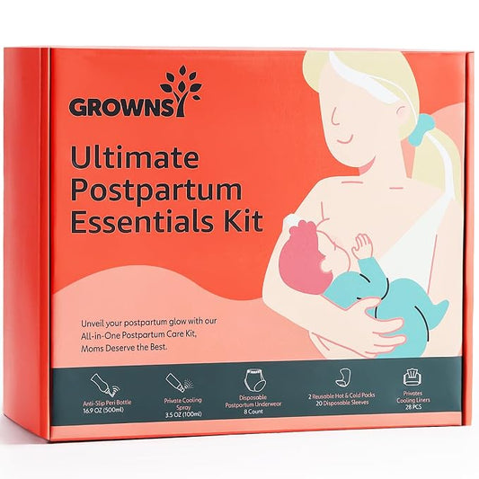 Grownsy 13pc Postpartum Essentials Recovery Kit | Postpartum Kit for Women | 8 Self-Absorbent Postpartum Disposable Underwear, 2 Ice Packs, Peri Bottle, Perineal Spray & 28 Cooling Pad Liners