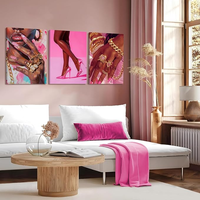 Black Girl Wall Art Set of 3 Pink Fashion Black Woman Canvas Wall Decor Pictures African American Women Paintings Home Decor Posters Prints for Living Room Bedroom Bathroom 12x16Inch Framed