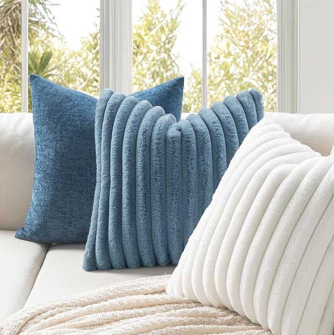 MIULEE Faux Fur Decorative Throw Pillow Covers 18x18 Set of 2 Grey Blue | Coastal Modern Soft Plush Couch Pillows, Cozy Fluffy Cushion Covers for Sofa Bed Living Room Home Decor