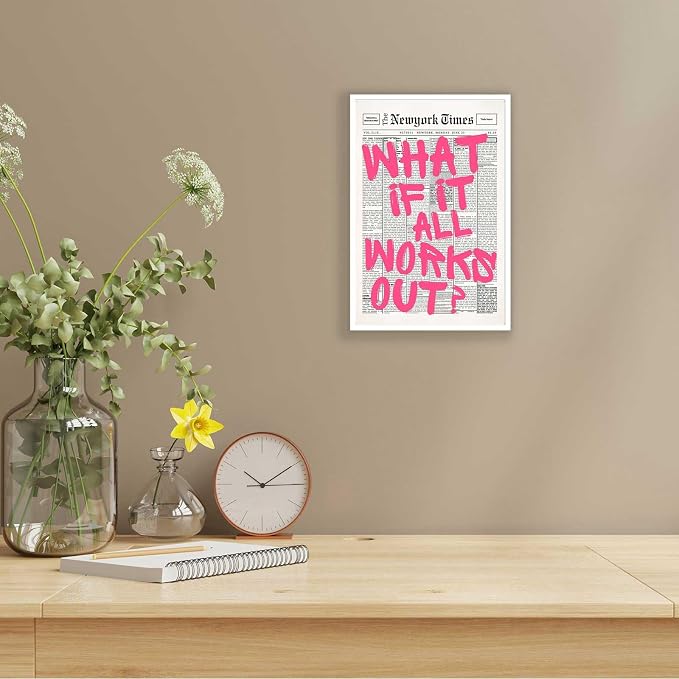 Drimiler Retro Newspaper Pink Font Poster What If It All Works Out Canvas Wall Art Positive Affirming Quote Minimalist Prints Painting For Home Bedroom Dorm Wall Decor 12x18in Unframed