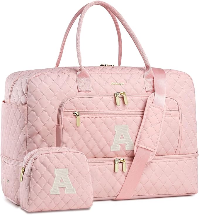 Initial Travel Duffle Bag for Women - Pink Personalized Weekender Bags Overnight Bag with Shoe Compartment & Wet Pocket Weekend Tote Bags with Toiletry Bag Monogram Xmas Gifts (Letter A)