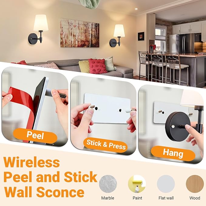 Nekhung Battery Operated Wall Sconce, Peel and Stick Sconces Set of 2 | Wireless Adhesive Stick On Wall Sconce, 10000mAh Rechargeable RGB Bulb with Remote, No Drill Wall Light for Bedroom Decor