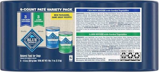 Blue Buffalo Homestyle Recipe Variety Pack Wet Dog Food, 12.5 oz, 6 ct | Chicken & Lamb (3 of Each), No Chicken By-Product, Corn, Wheat, or Soy